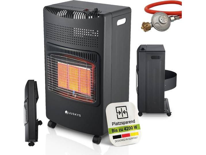Juskys Keramik Gasheizung GS42US - Schwarz - 4200 Watt mit 3 Heizstufen, Druckregler & Schlauch - Mobil, effizient & energiesparend - Gasheizer Gasheizofen Gasheizgerät Heizstrahler