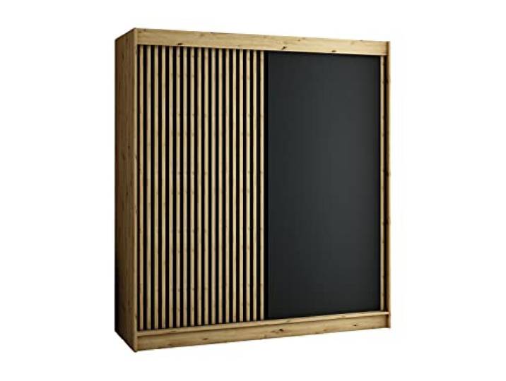 MEBLE KRYSPOL Schwebetürenschrank LAMELO mit Zierstreifen, Kleiderschrank mit 2 Kleiderstange, Modern Design (200 cm)