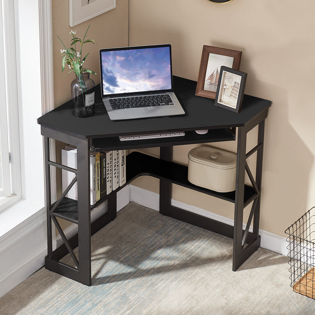 Rio Lambrecht Corner Computer Desk with Smooth Keyboard and Storage Shelves, Farmhouse Triangle Computer Desk for Home Office, Living Room, Bedroom and Sm Black 76cm H X 104cm W X 71cm D