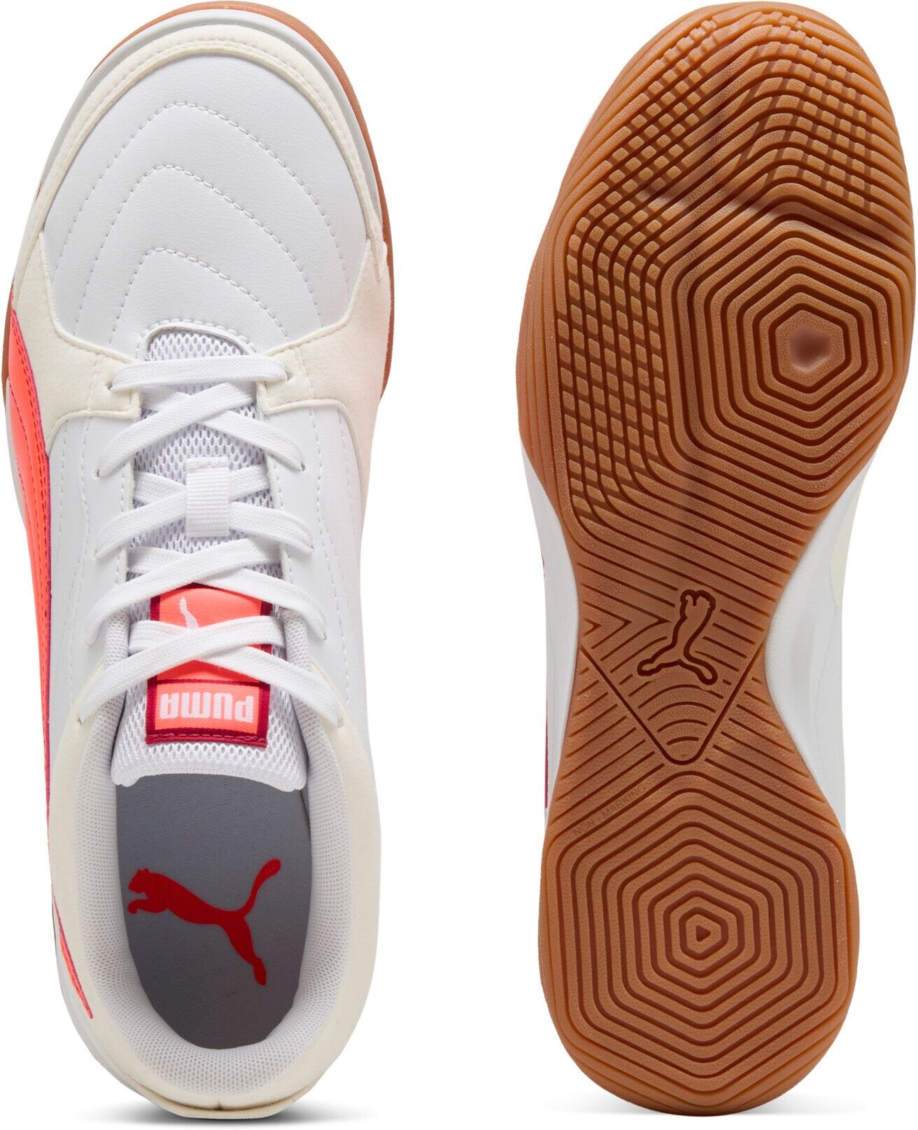 Fußballschuh PUMA "PRESSING IV", Damen, Gr. 46, Textil, weiß (puma weiß, glowing rot, schwarz crimson, puma schwarz), Synthetik, Schuhe Fußballschuh, für Halle und Straße