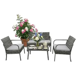 Relaxdays 4-teiliges Gartenmöbel Set Rattan Creme,Grau