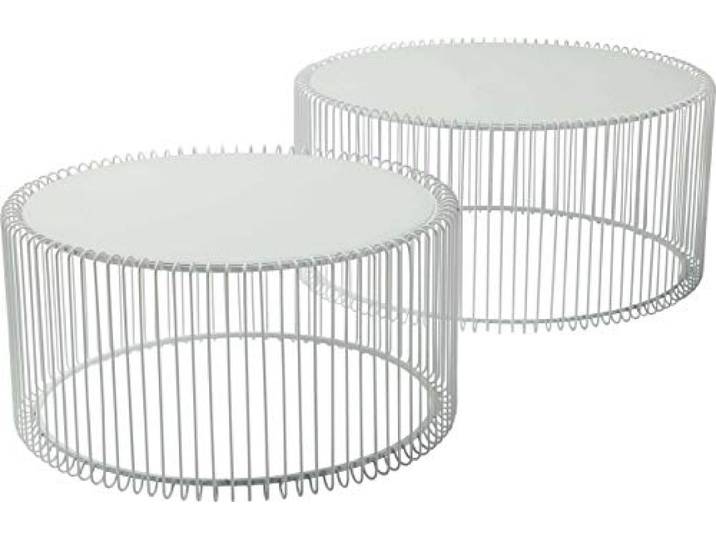 Kare Design Beistelltisch Wire (2/Set), Weiß, 70cm Durchmesser, Beistelltisch, Nachttisch, Stahlgestell, Glas Tischplatte, 34x70x70 cm (H/B/T)