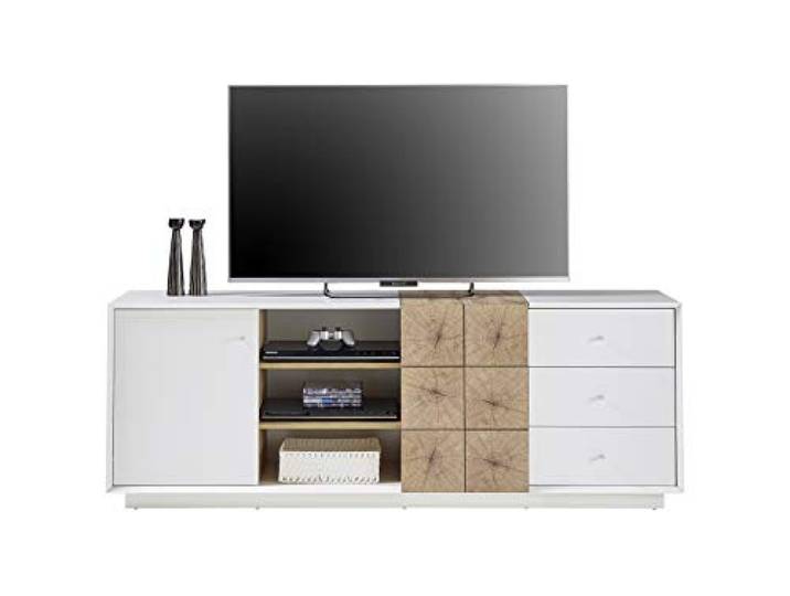 Robas Lund Lowboard weiß matt, Wohnzimmerschrank TV Möbel mit Absetzung Eiche Hirnholzoptik, BxHxT 179x65x40 cm, 48373WE2