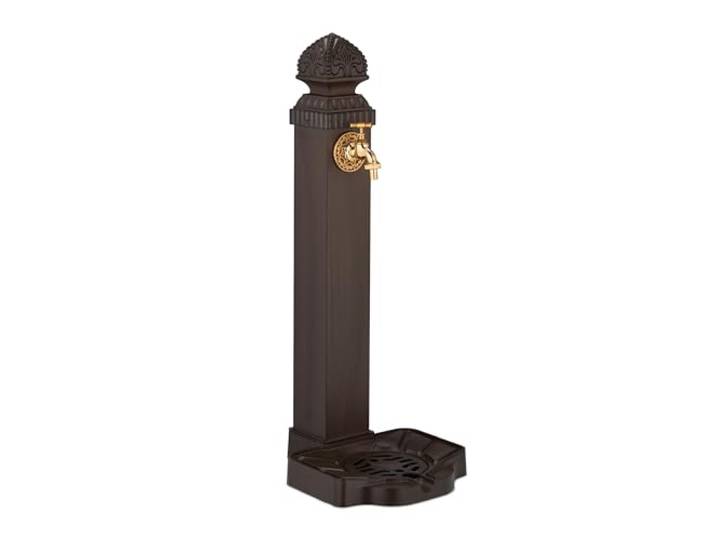 Relaxdays Standbrunnen antik, mit Wasserhahn & Becken, HxBxT: 77x29x33,5 cm, Wasserzapfsäule Garten, Terrasse, braun