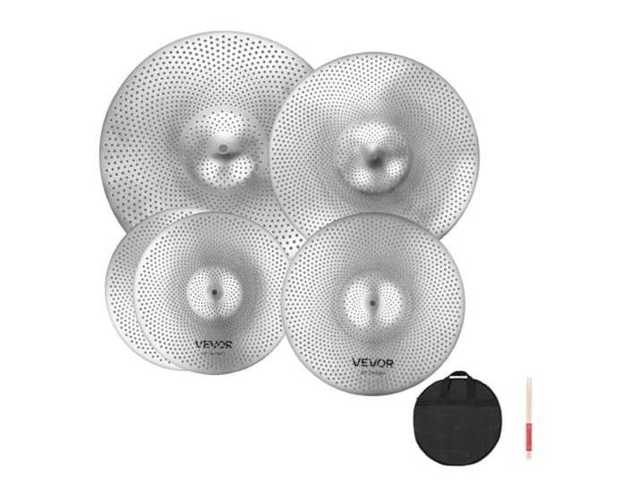 VEVOR Ensemble de Cymbales Batterie\, Cymbale Charleston 355 mm\, Crash 400 mm\, Crash 455 mm\, Ride 505 mm\, avec Baguettes\, Sac de Rangement\, Lot de 4 Cymbales à Faible Volume\, Couleur Argent Brillant