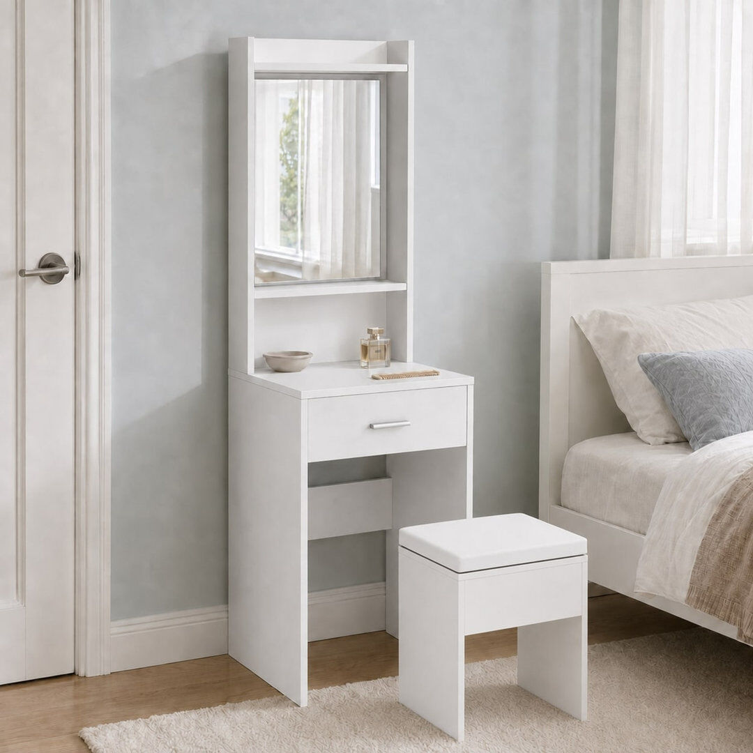 Norden Home White Dressing Table with Mirror Drawer and Padded Stool Vanity Set White 150cm H X 50cm W X 45cm D