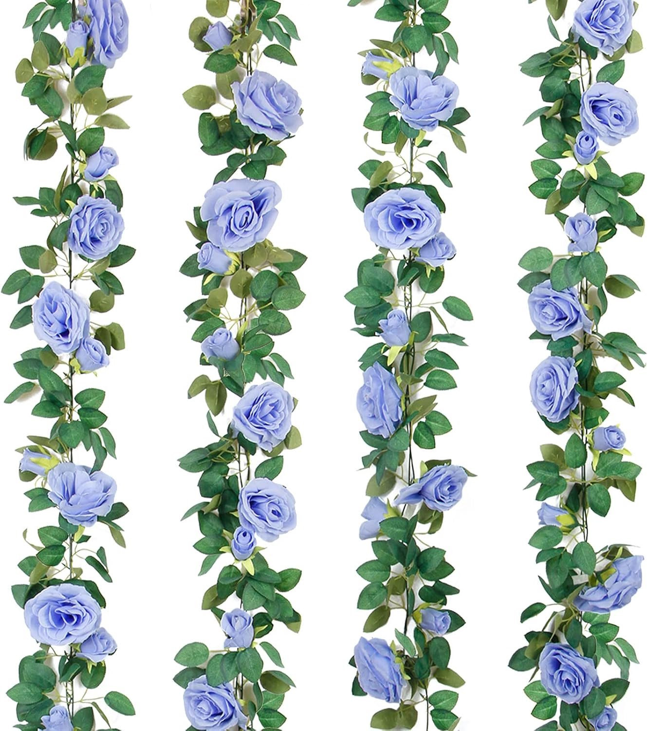 Set van 4 blauwe zijden kunstrozen slingers met real touch effect - 8 meter - decoratie voor binnen en buiten