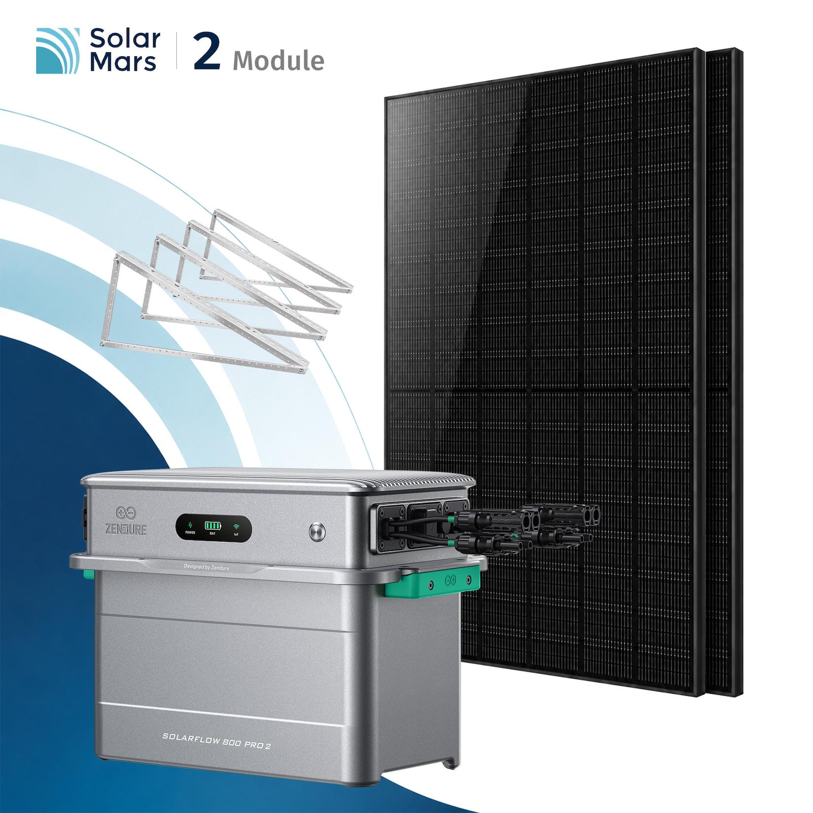 SolarMars® 1000W Balkonkraftwerk mit Speicher,Zendure SolarFlow 800 PRO2, 1,92kWh,4 MPPT - Mit Flachdachhalterung