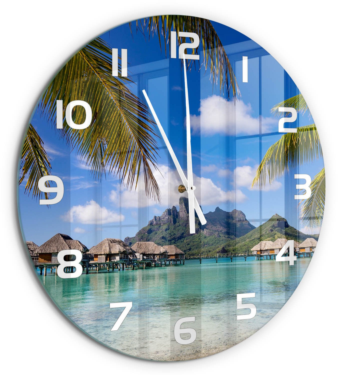 Tulup Wandklok Palmbomen in Bora Bora - Ronde Glazen Wandklok met Print - Veelkleurig - Diameter: 60 cm