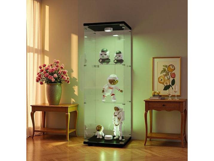 Meuble Vitrine - Noir - Verre Trempé 5mm - Éclairage LED Dimmable - 3 Niveaux Réglables