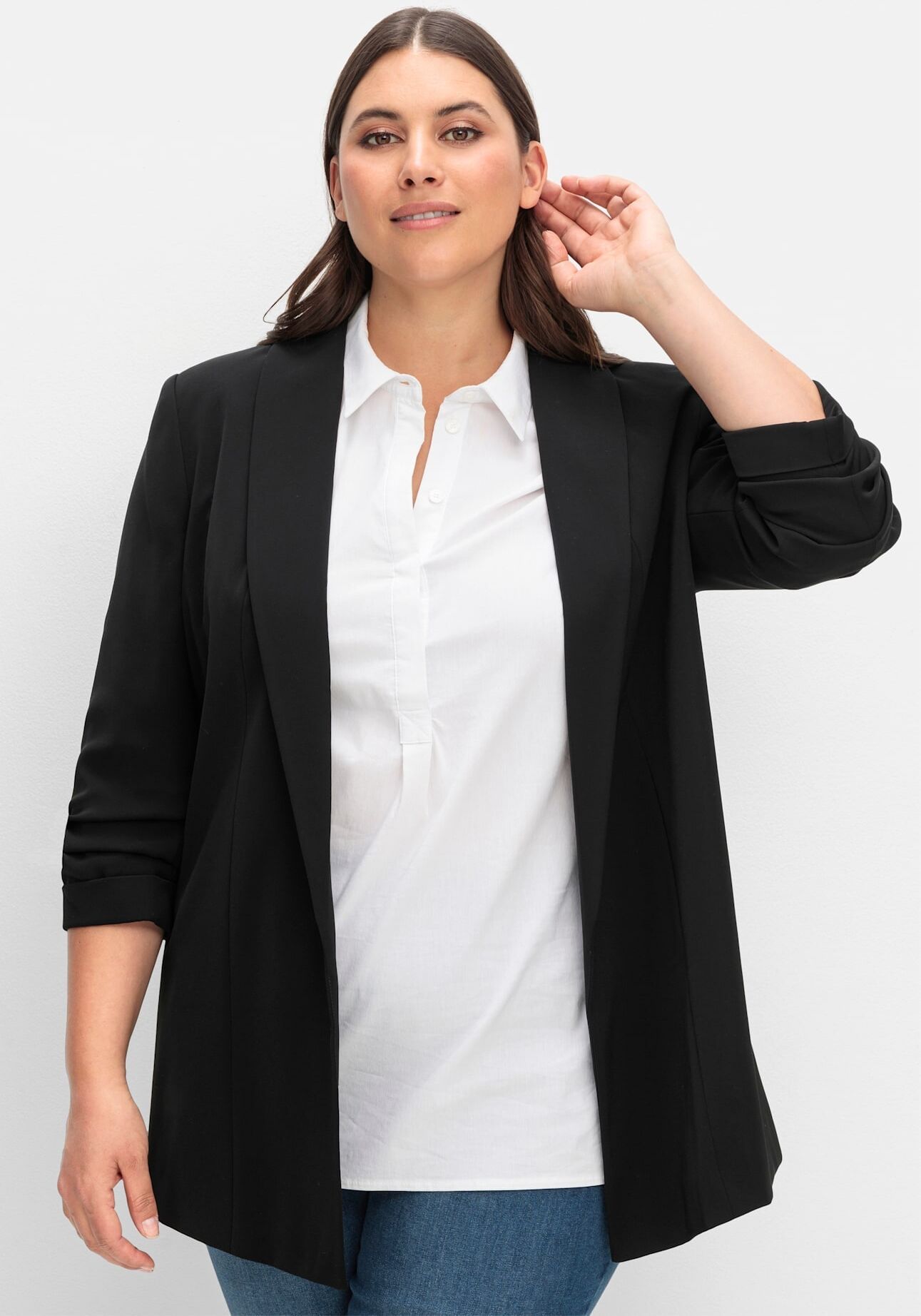 Longblazer SHEEGO "Longblazer", Damen, Gr. 50, schwarz, 100% Polyester, Blazer Longblazer schwarz 50