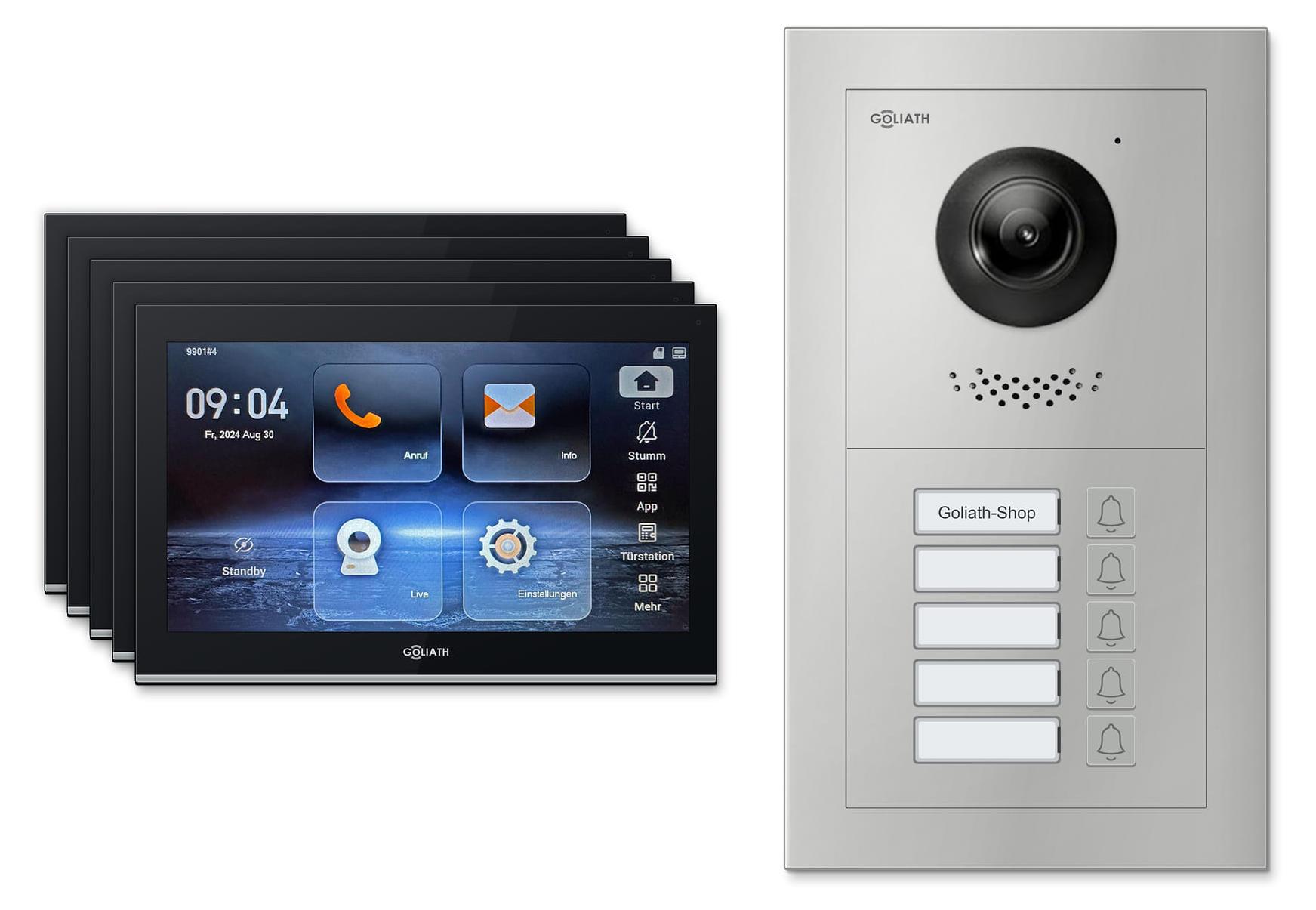 Goliath Premium IP GL-IPH500.2 Video-Türsprechanlage, 5 Familien, 5× 10 Zoll Schwarz, Silber, Unterputz