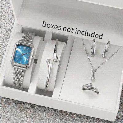 Fusion Finds Elegant Women's Quartz Watch Set With Rectangle Dial & Fashion Jewelry Gift Collection silver Blue