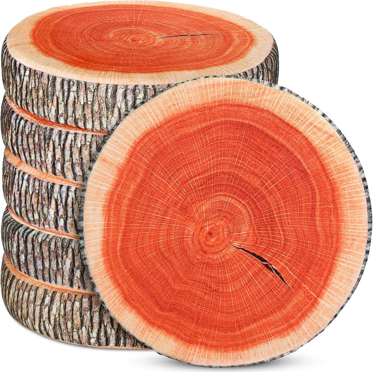 Set van 6 ronde vloerkussens met houtslice print en foam flakes vulling