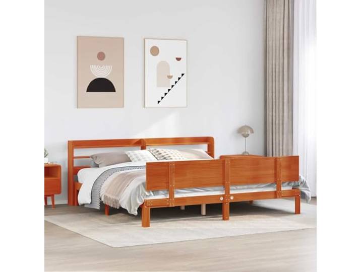 RJPLMFV Bettgestell, Kiefernholz, Massivholz, Braun, gewachst, 2-teilig Mit Regalböden, Design Plattform mit Latten, ohne Lattenrost, für modernes Schlafzimmer