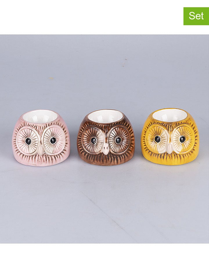Villa d´Este 3er-Set: Eierhalter "Owl" in Braun/ Rosa/ Gelb - (H)6 cm - onesize