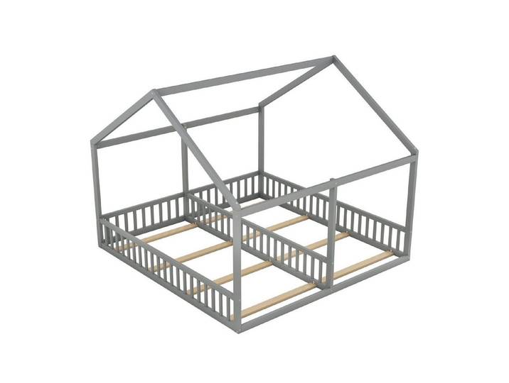 Odikalo Kinderbett Hausform Einzel Flachbett Dach Fenster Kiefer Grau/Natur/Weiss 90x200