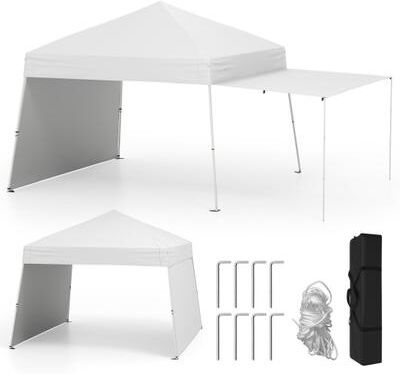 Costway 14 x 9.2 Feet Pop up Canopy Tent with 2 Convertible Sidewalls to Awning and Stakes-White