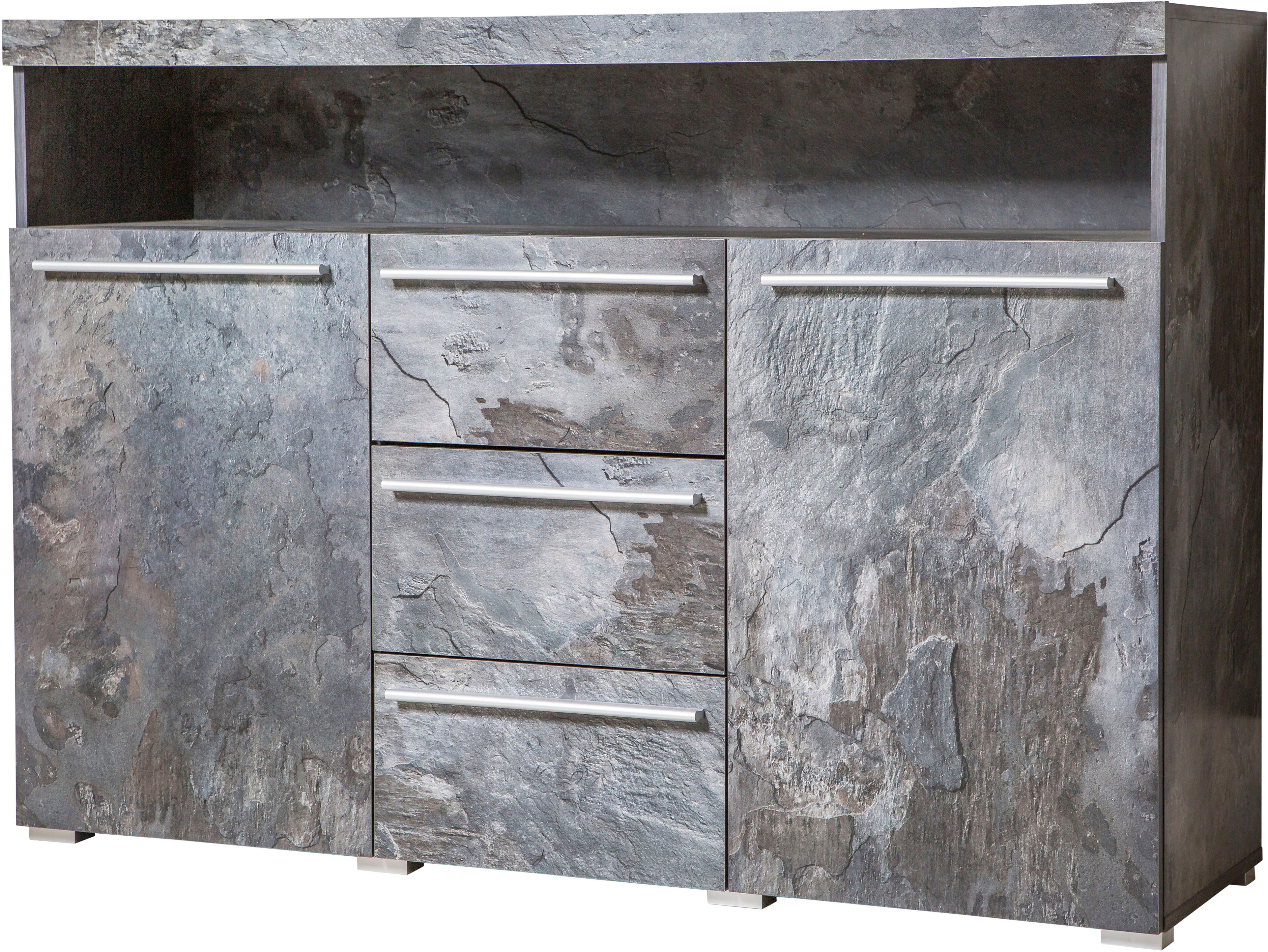 Sideboard GOODPRODUCT "India,Breite 132cm stilvolle Anrichte mit 2Türen, 3 Schubladen", schwarz (schiefer, schiefer), B:132cm H:92cm T:38,5cm, Sideboards, Sideboard, Kommode viel Stauraum, Einlegeböden verstellbar,ohne Beleuchtung schiefer, schiefer B/H/T