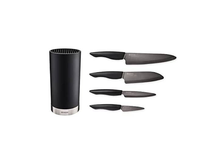 Kyocera Soft-Touch Messerblock Schwarz 4 SHIN Keramik Messer Santoku, Universalmesser, Gemüsemesser, Schälmesser Kunststoff- und Edelstahl-rund