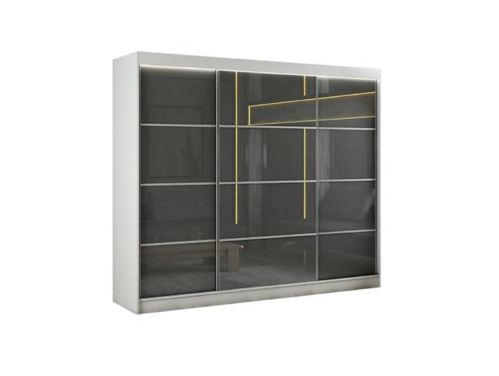 Margaret Hadas24 Schwebetürenschrank Porto III 250 cm 3-türig, weiß, lacobel grau, Sprosse, Weiß, Grau, Kunststoff, 250x215x61 cm, Schlafzimmer, Kleiderschränke, Schwebetürenschränke