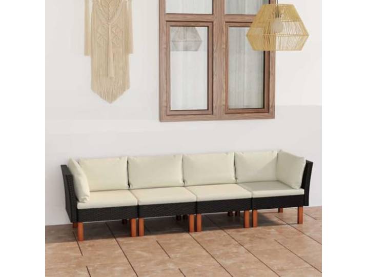 WDGJJFECNMUEHI Résine tressée lavable Jardin 4 Places Noir Canapé de jardin 4 places avec coussins crème Résine tressée Noir Lounge Modulaire