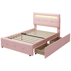 Polsterbett 90x200 mit LED-Beleuchtung und Schubladen – klassisches Design in Pink für stimmungsvolle Atmosphäre und praktischen Stauraum