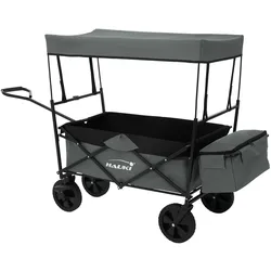 Hauki Bollerwagen L Grau, faltbar mit Dach, Handwagen klappbar, bis 80 kg, 2 Netztaschen + Außentasche, Bremse, Transportwagen Kinder