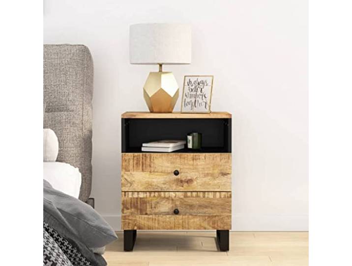 YUTAASU Nachttisch 50x33x62 cm Massivholz Mango 2 Schubladen, 1 Fach, Metallbeine, Robust, Stabil, Industrieller Stil