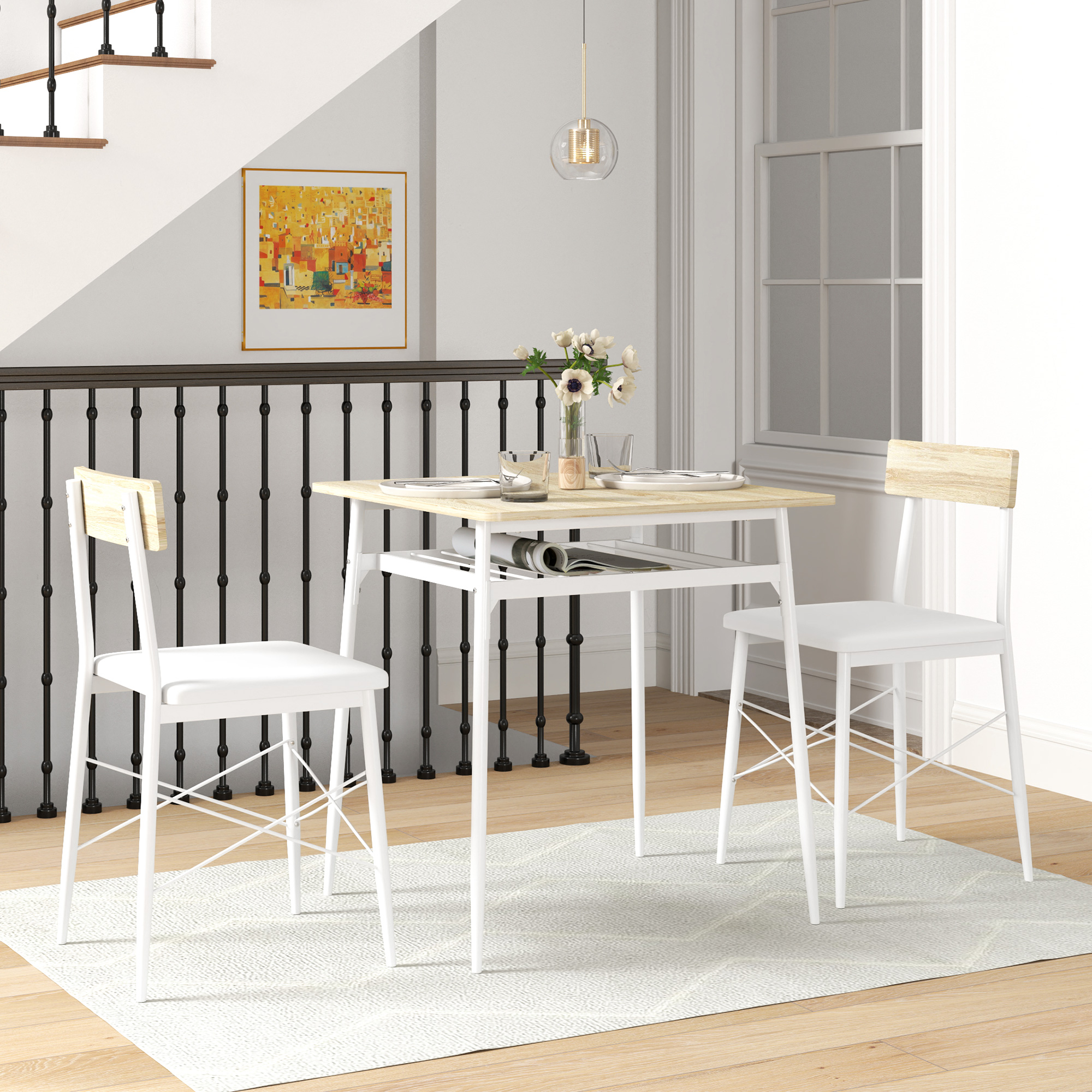 Homcom Set tavolo e sedie, tavolo da cucina con sedie, struttura in acciaio, con 2 sedie incassate, bianco quercia