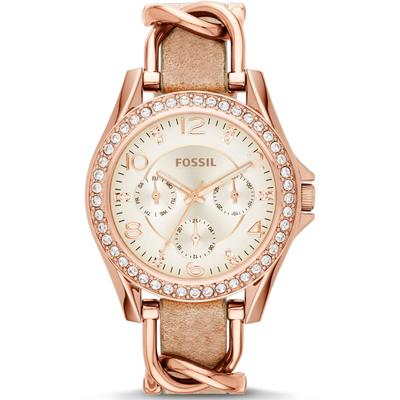 Multifunktionsuhr FOSSIL "RILEY", rosa (beige, roségoldfarben, beige), Armbanduhren, Damen, rosègoldfarben, Quarzuhr, Armbanduhr, Damenuhr, Datum, Glassteine, Lederarmband