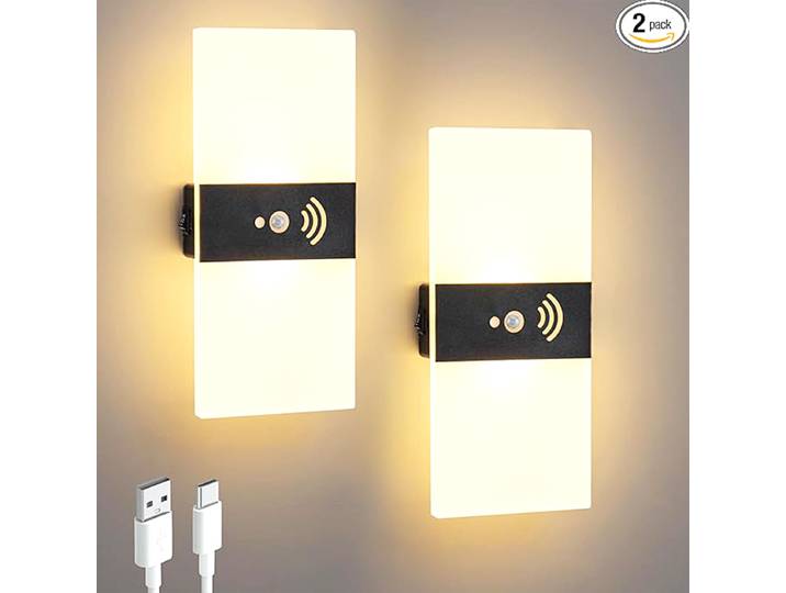 Lot de 2 lampes murales LED à détecteur de mouvement, magnétiques, rechargeables par USB, pour décoration intérieure