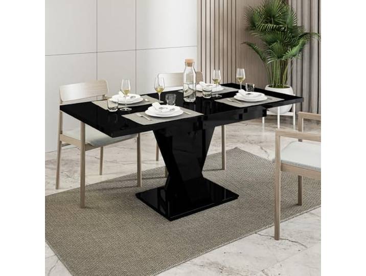 MALVI Esstisch ausziehbar 120-160x80 cm Schwarz Hochglanz, Küchentisch Esszimmertisch für 4–6 Personen, ausziehbar von 120 auf 160 cm, V-Gestell, schwarze Hochglanz-Acrylbeschichtung