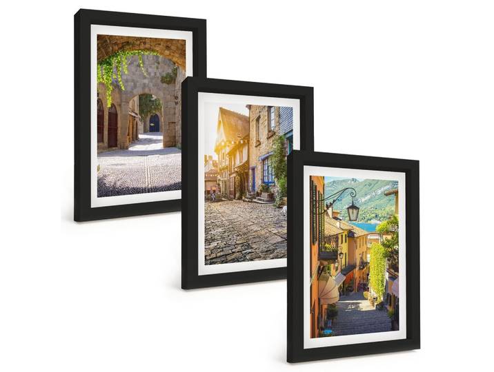 BILDER SET 3er Set - 20x30 cm Schwarzer Rahmen - Charmante Steinstraßen