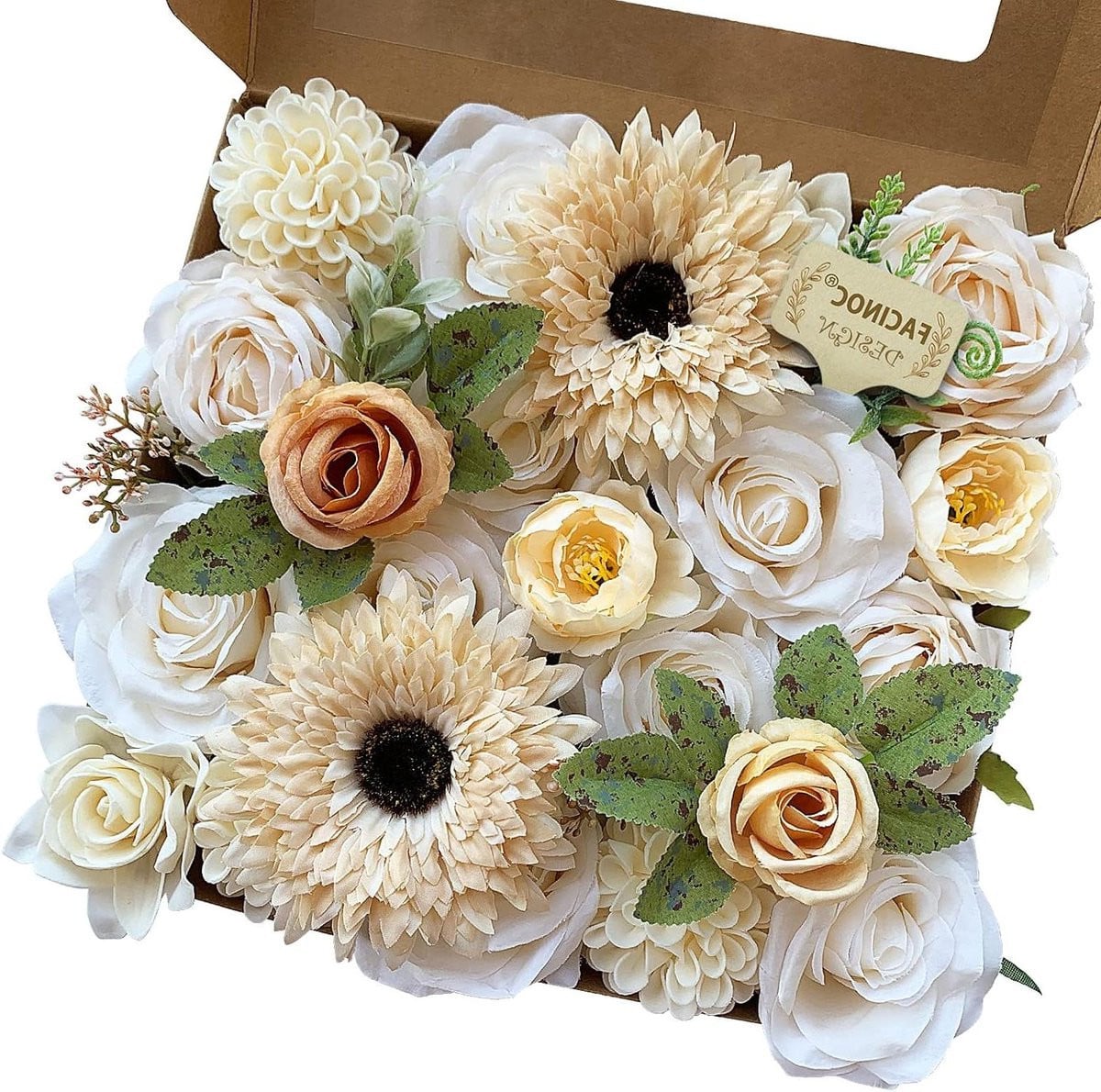 Kunstbloemen Set met Zijden Rozen en Accessoires - 22 Bloemen - Wit Beige