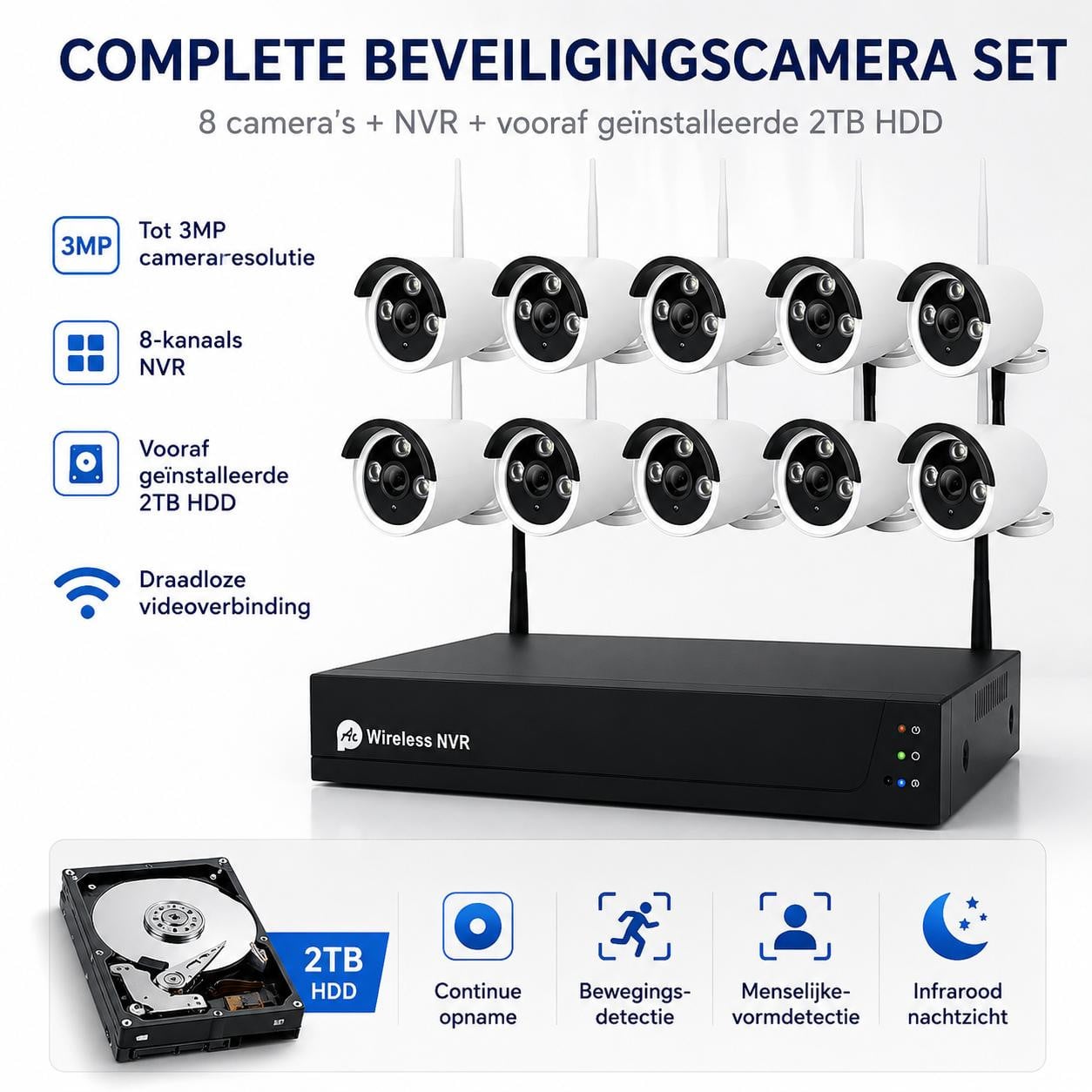DrPhone SmartVision Draadloos WiFi NVR Camera Kit - 8 Camera Set - 3MP Full HD - Bewegingsdetectie - IP66 Waterdicht