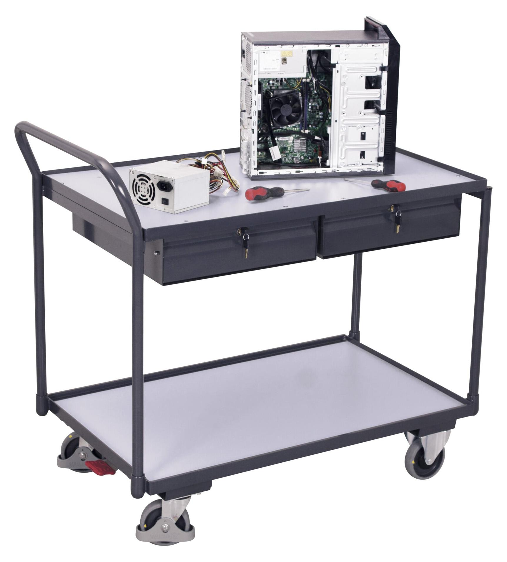 VARIOfit ESD Tischwagen mit gebogenen Schiebegriff, 2 Schubladen und 2 Ladeflächen 985x595mm