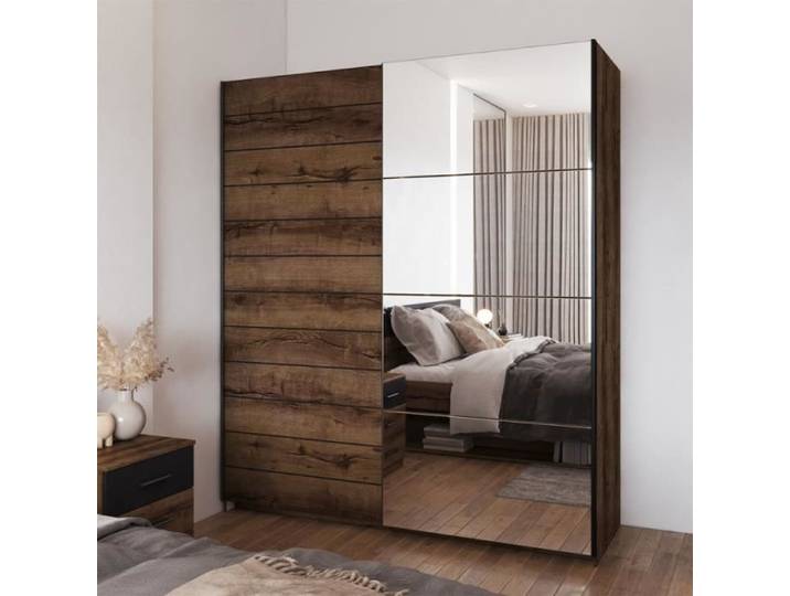 Armoire dressing chambre chêne 2 portes coulissantes miroir Ketou