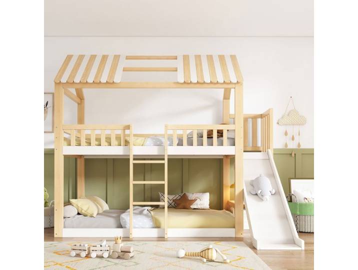 Lit superposé - Lit maison cabane 90x200 - Toit en pignon - Toboggan & étagère - Bois robuste