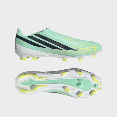 Fußballschuh ADIDAS PERFORMANCE "F50 HYPERFAST LEAGUE, FESTE BÖDEN, SCHNÜRLOS", Herren, Gr. 44, pulse mint, night navy, solar lemon, Synthetik, Textil, Schuhe Fußballschuh, Außensohle für Rasen und feste Böden