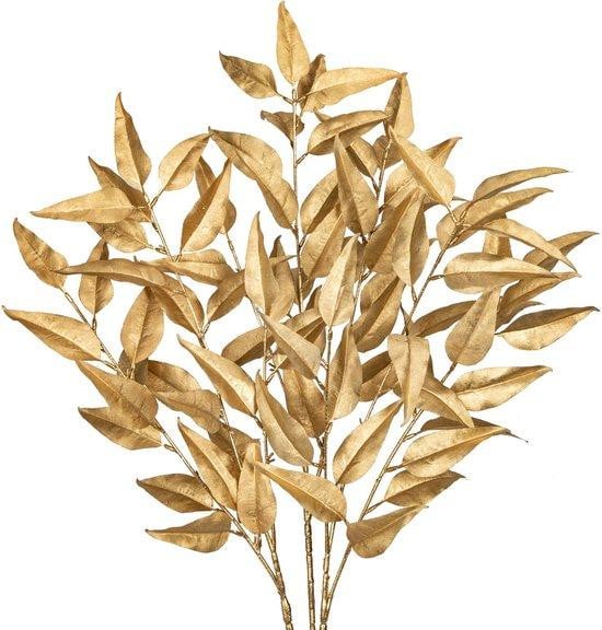 Unyqoos Set van 3 gouden kunstmatige eucalyptus takken met verstelbare bladeren en flexibele stelen voor decoratie