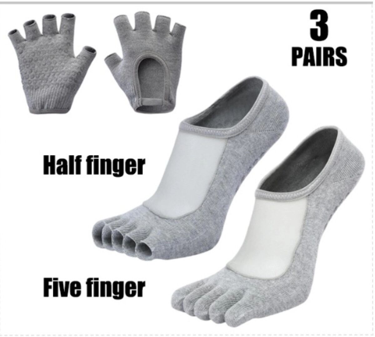 INF Ensemble 3 pièces de chaussettes de yoga et Pilates avec gants antidérapants, cinq orteils et silicone antidérapant Gris