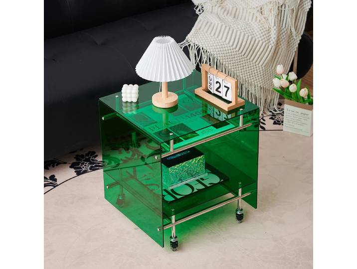 Table d'appoint en acrylique avec rangement, Table basse Mobile Vintage, chariot roulant Transparent, Table de chevet moderne