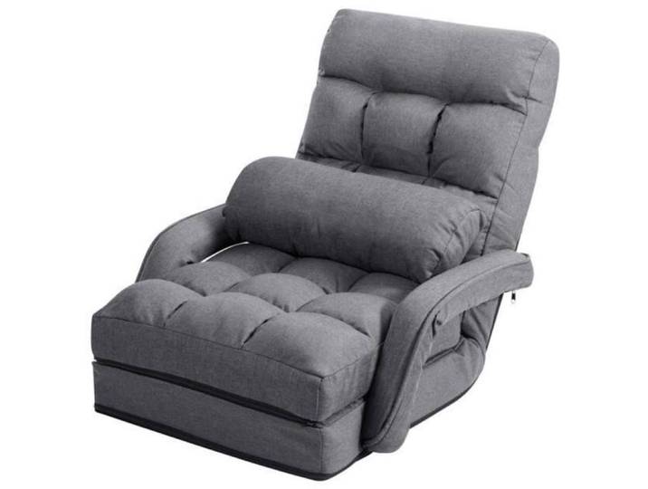 Facile à Plier Fauteuil de Sol Inclinable 5 Positions 90°-180° Chaise Relax Convertible Lit d'Appoint avec Coussin Gris