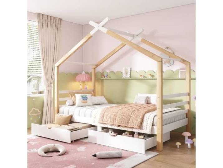Kinderhausbett mit Schubladen und Lattenrost, Kiefernholz, 90 x 200 cm Hausförmiges Kinderbett mit Lattenrost, praktischen Schubladen und Liegefläche 90 x 200 cm