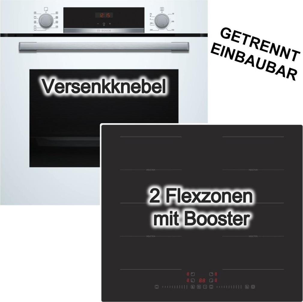 Herdset BOSCH Backofen Weiß 71 Liter 3D Heißluft Hydrolyse autark Induktionskochfeld 60 cm Flexzonen Booster rahmenlos