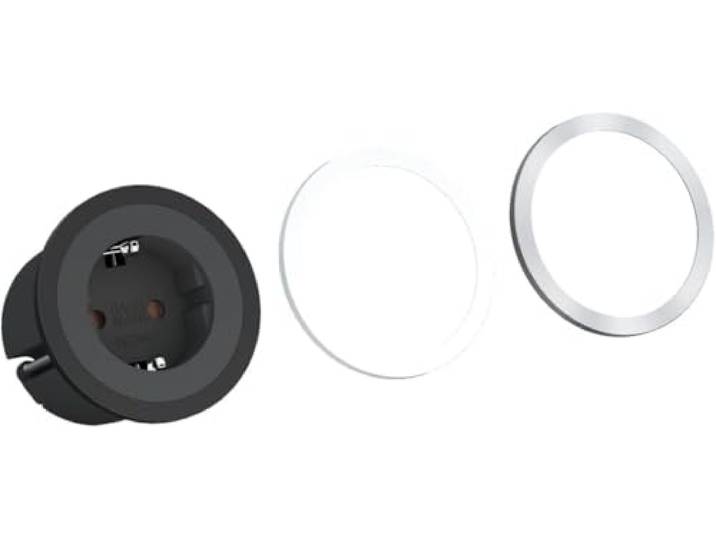 BACHMANN Prise encastrable PIX avec 3 anneaux décoratifs\, câble de 2m\, prise pour meuble dans cuisine\, bureau ou salon\, noir 926.001 (profondeur d'encastrement de seulement 45mm)