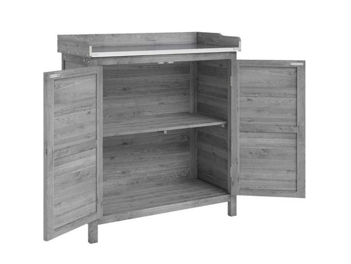 Modfu Gartenschrank aus Metall & Holz 83x40x92cm in Grau mit Pflanztisch, Rechteckig, 40x92x83 cm, Gartenzubehör, Geräteschränke