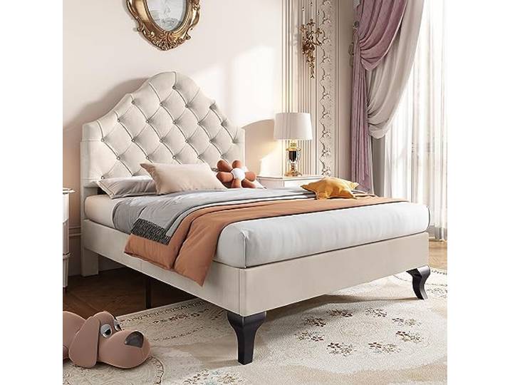 BTM Polsterbett 90 * 200 mit Lattenrost und Kopfteil, Polsterbett mit höhenverstellbares Kopfteil, Jugendbett, Einzelbett, Holzlattenunterstützung, Einfache Montage, Samt,Beige