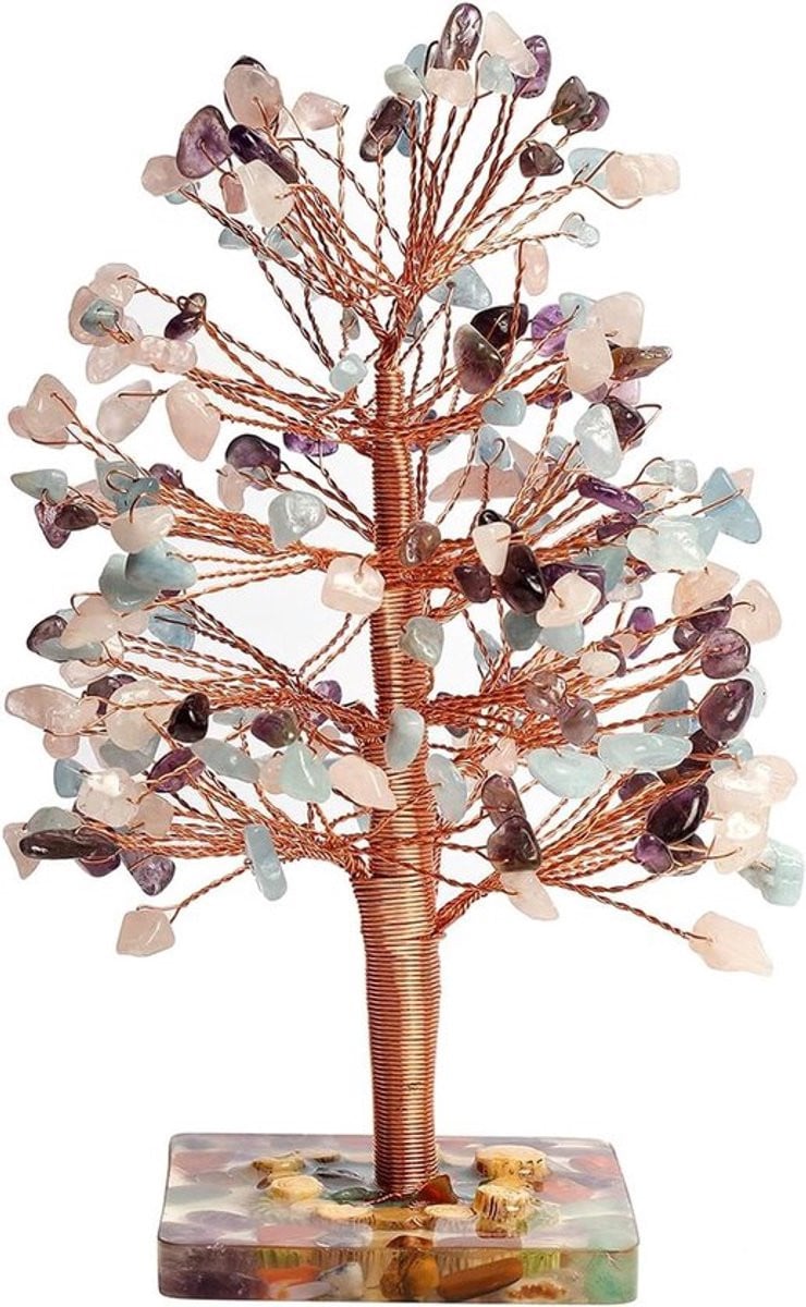 Handgemaakte Levensboom decoratie met edelstenen en trommelsteen voor Feng Shui en Chakra geluk